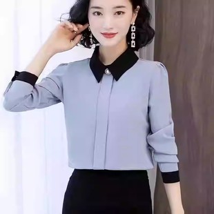 专柜衬衫上衣女2026春秋新款拼色钉珠娃娃领雪纺长领时尚新风