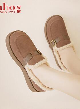 金猴黄色雪地靴女低帮商场同款妈妈鞋 乐福鞋加绒平底棉鞋勃肯鞋