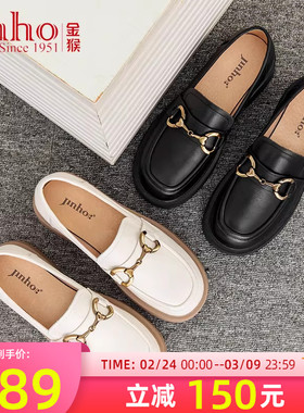 金猴黑色乐福鞋女春季牛皮软底单鞋复古粗跟英伦风女士小皮鞋女鞋