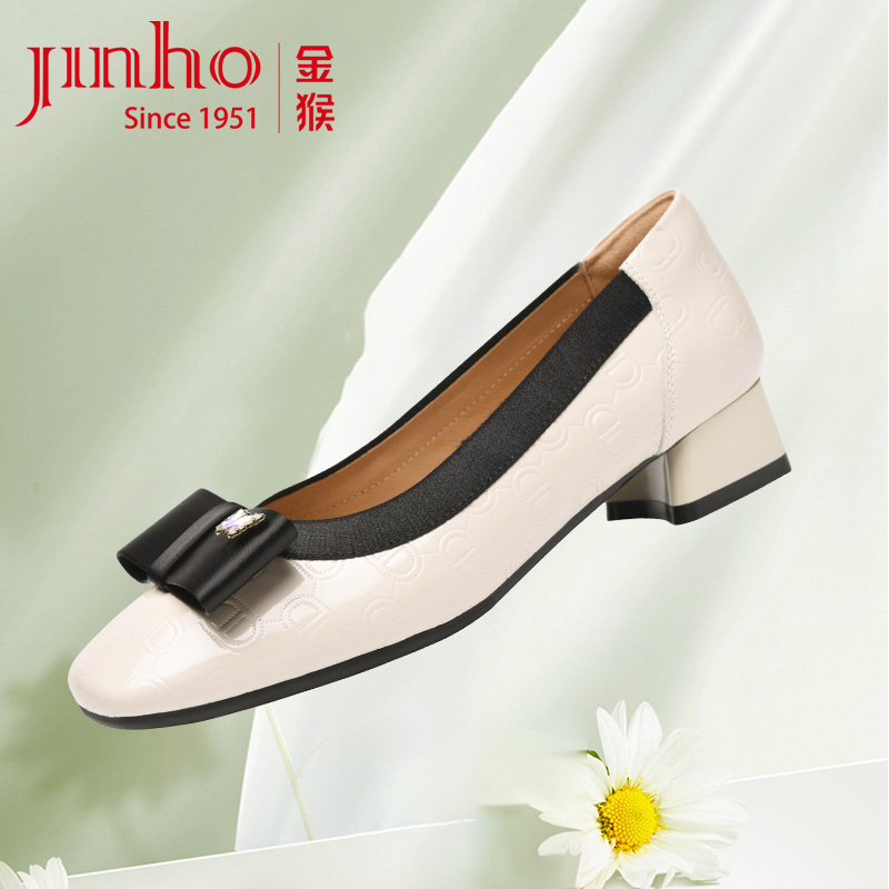 金猴官方品牌店正品单鞋女粗跟年春季新款牛皮浅口妈妈女鞋低跟漆