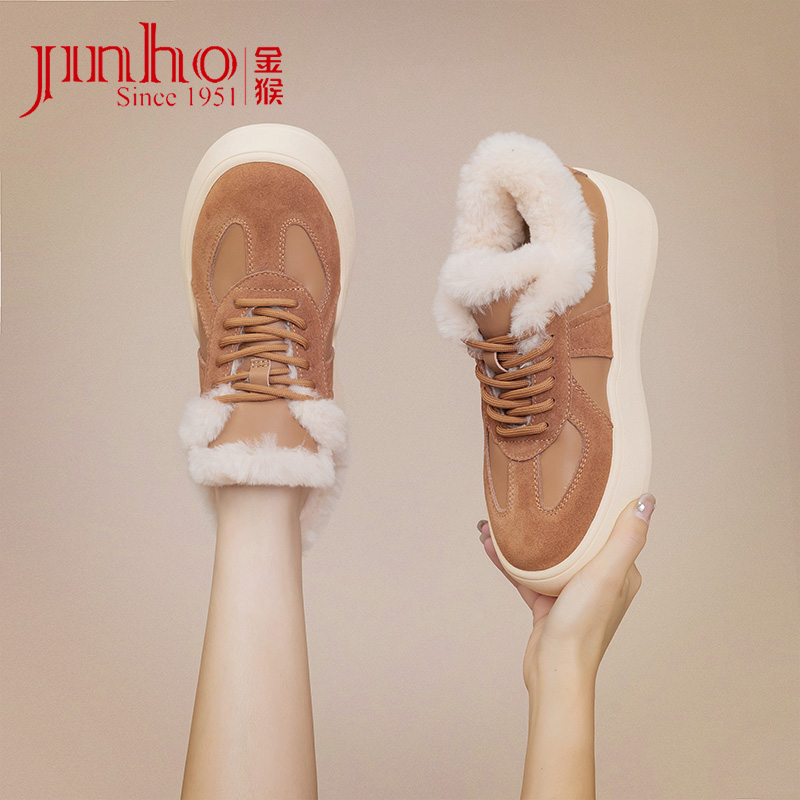 金猴雪地靴女2024冬季新款保暖加绒时尚厚底棉鞋百搭毛毛德训鞋
