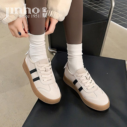 金猴女鞋2025春季新款休闲运动鞋舒适德训鞋平底板鞋真皮小白鞋女