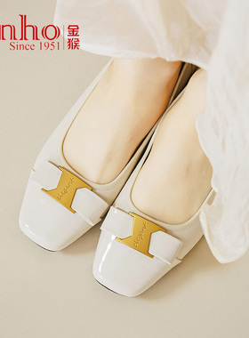 皮鞋女士真皮方头粗跟黑白色金猴女鞋春秋时尚金属蝴蝶结浅口单鞋