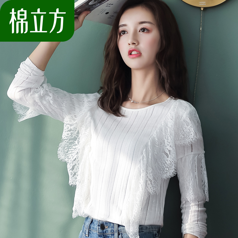 棉立方秋款上衣女2018新款女装纯棉气质淑女蕾丝针织复古港味t恤