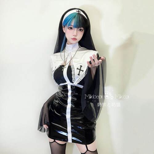 奶熊与奶猫堕落修女*性感修女万圣节制服装修身漆皮包臀连衣裙