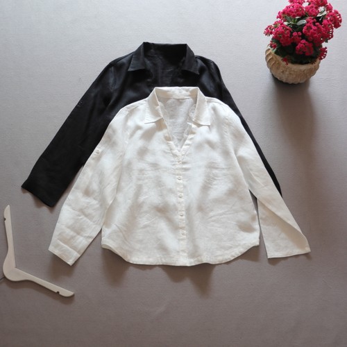 柔美蕾丝拼接领口全亚麻V字翻领微宽松单排扣长袖可挽袖衬衫