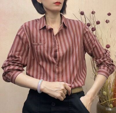 纯棉条纹衬衫女2025春秋新款复古长袖衬衣叠穿内搭小个子上衣全棉