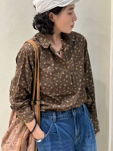 100%纯棉碎花长袖衬衫女2026新款休闲百搭碎花全棉衬衣小个子秋冬