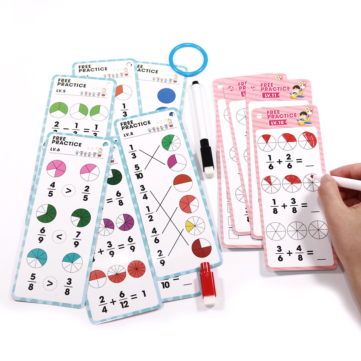 跨境数学启蒙mathematics分数闪卡可重复擦写学习卡片教具环扣