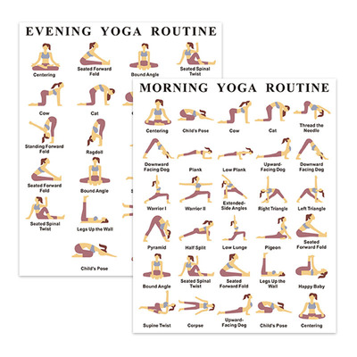 跨境英文瑜伽动作海报晨昏双模式瑜伽练习墙贴体式引导挂图装饰