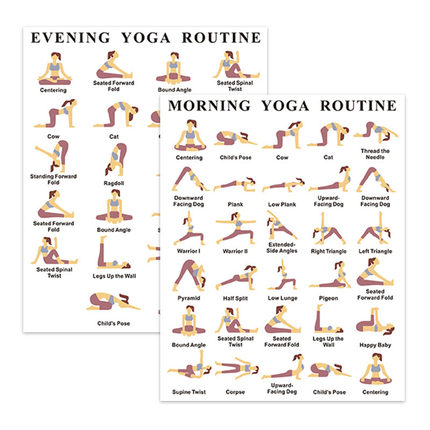 跨境英文瑜伽动作海报晨昏双模式瑜伽练习墙贴体式引导挂图装饰