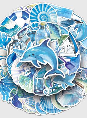 跨境sticker蓝色海洋贴纸小清新水彩风儿童手账装饰手机壳水杯
