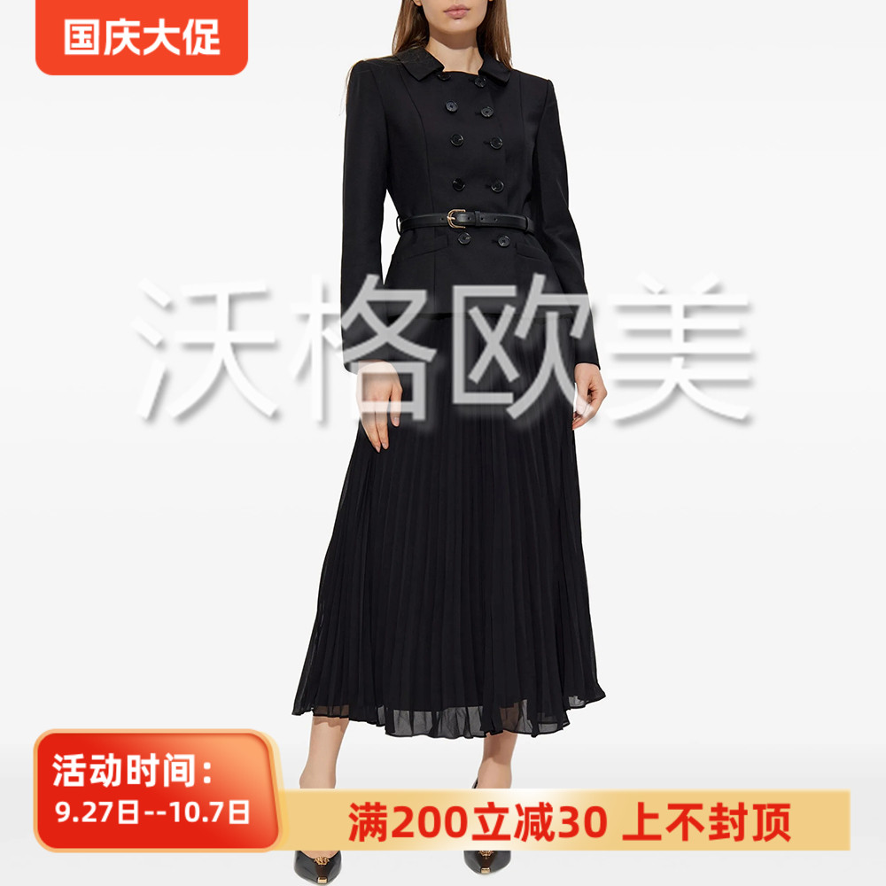 沃格 SP秋季新款气质翻领双排扣系腰带短外套+百褶裙假两件连衣裙