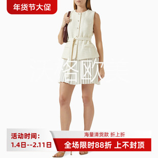 沃格 S早春新款纯净米白奢华亮片粗花呢拼百褶系带优雅无袖连衣裙