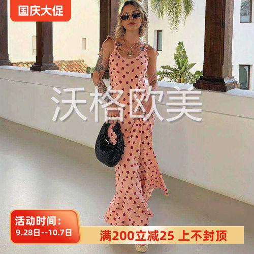沃格RP春夏新款粉红玫瑰花朵印花鱼尾拼接斜裁真丝绑扎吊带连衣裙