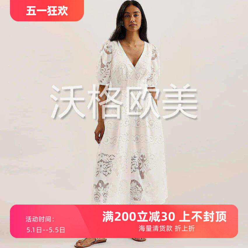 沃格TB早秋新款蓝白2色精致刺绣钩花镂空V领棉优雅中长蕾丝连衣裙