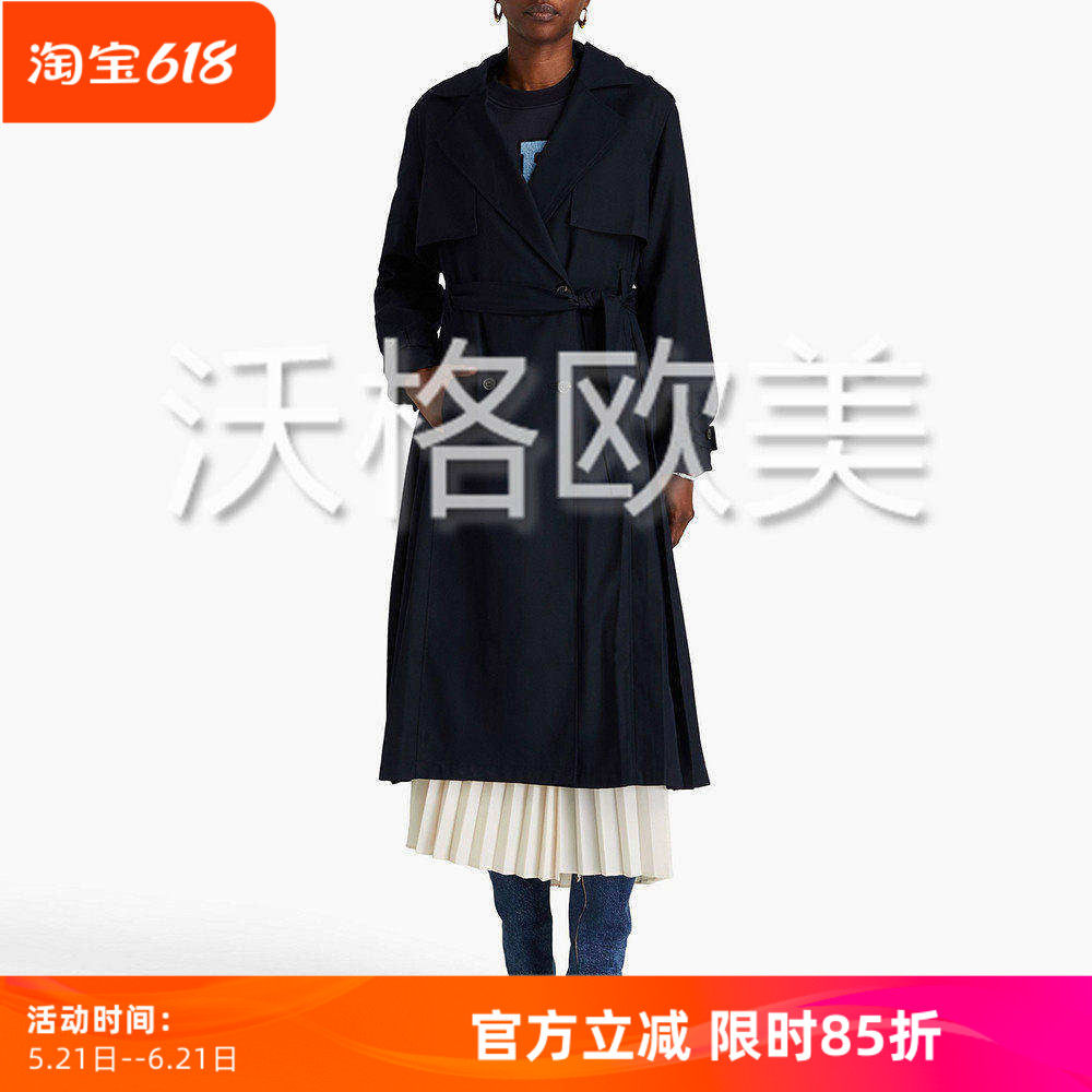 沃格CP秋冬新款藏蓝肩章双排扣系腰带压褶拼接优雅女中长风衣外套