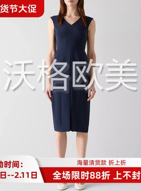 沃格LKB早春新款经典深蓝色V领收腰包臀前开叉通勤优雅中长连衣裙