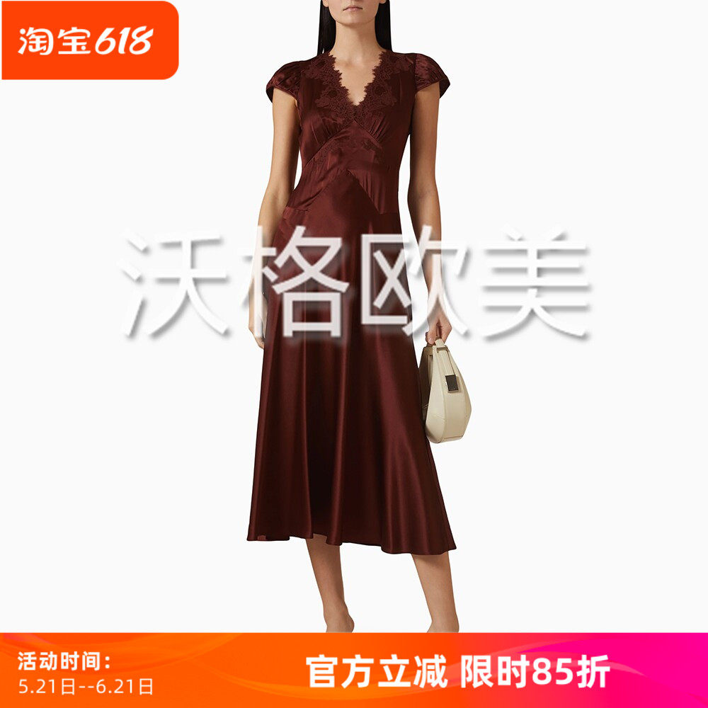 沃格DN春夏新款性感蕾丝拼接V领系带A字中长20姆米缎面真丝连衣裙
