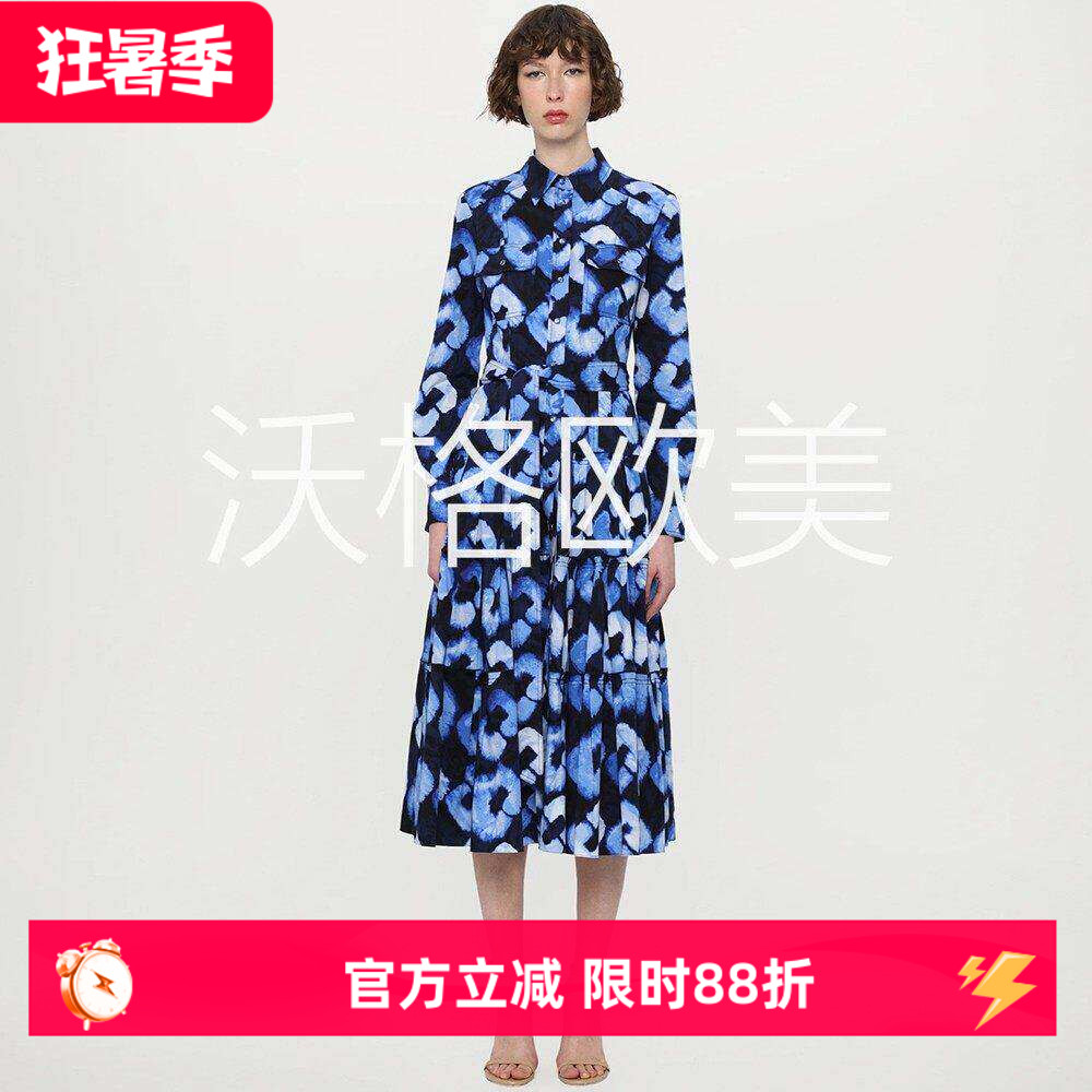 沃格D秋季新款蓝色晕染锁链印花翻领双兜系腰带A字中长衬衫连衣裙