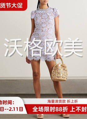 沃格SP夏季新款浅紫色奢华钉珠镶钻圆领泡泡短袖两件套蕾丝连衣裙