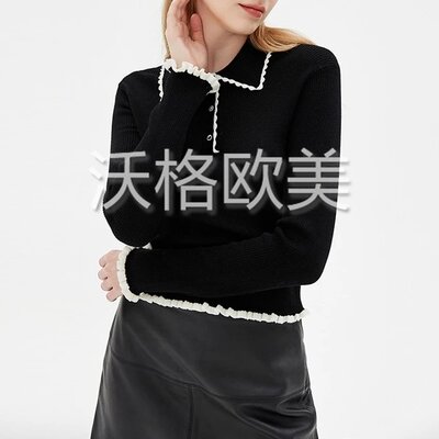 沃格TB秋冬新款黑白褶皱花边气质POLO领女弹力修身百搭羊毛针织衫