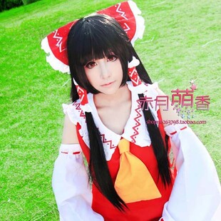 萌香 东方project-博丽灵梦 黑色长直造型 高温丝cosplay假发