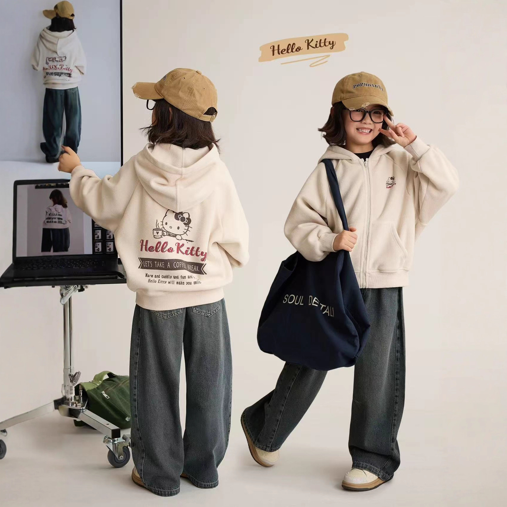 面包仔女童KT猫双面印花连帽卫衣外套