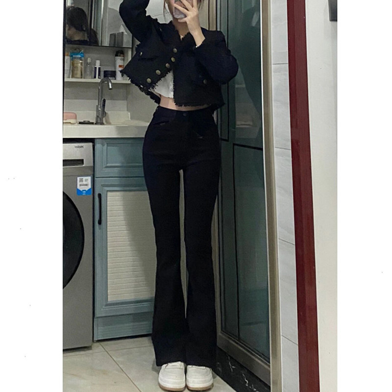 韩国黑色微喇叭牛仔裤女春秋2022年新款修身显瘦高腰加长拖地裤子