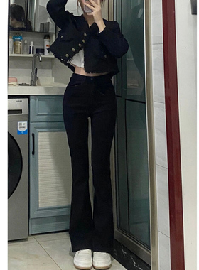 韩国黑色微喇叭牛仔裤女春秋2022年新款修身显瘦高腰加长拖地裤子