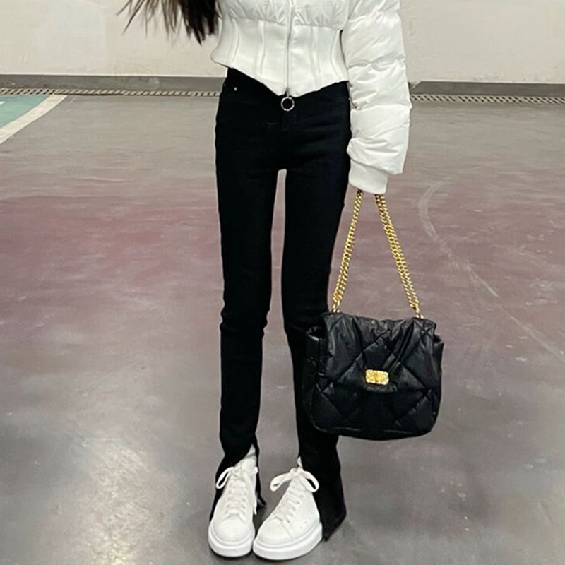 欧美高腰微喇开叉牛仔裤女春秋冬新款宽松显瘦拖地分叉喇叭裤子潮