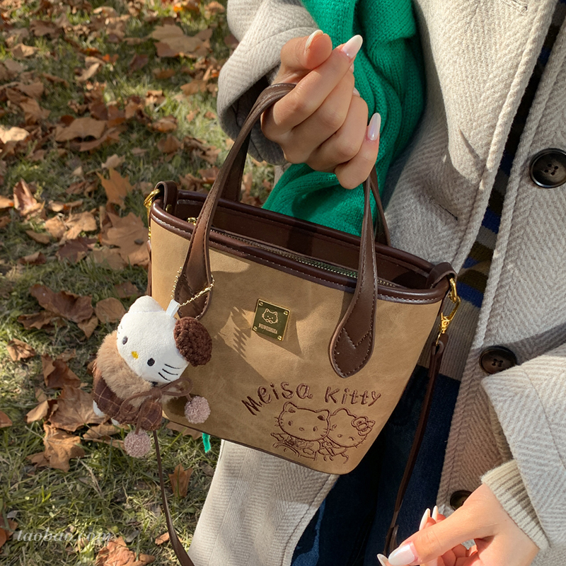 复古卡通印花水桶包女式手提斜挎