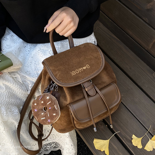 秋冬季复古麂皮绒女双肩包2025新款大容量通勤后背包学生上课书包