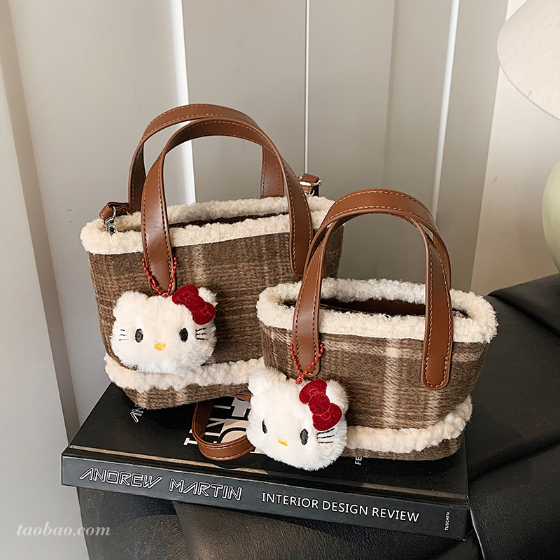 复古格子毛边水桶包2025冬季新款