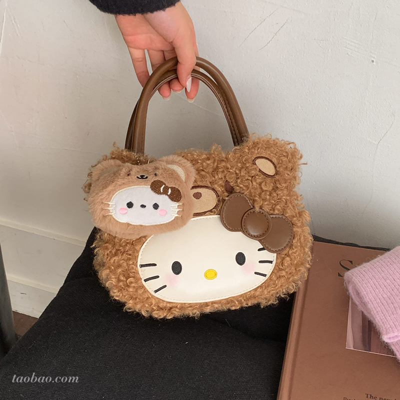 豹纹毛绒猫咪手提包女可爱卡通