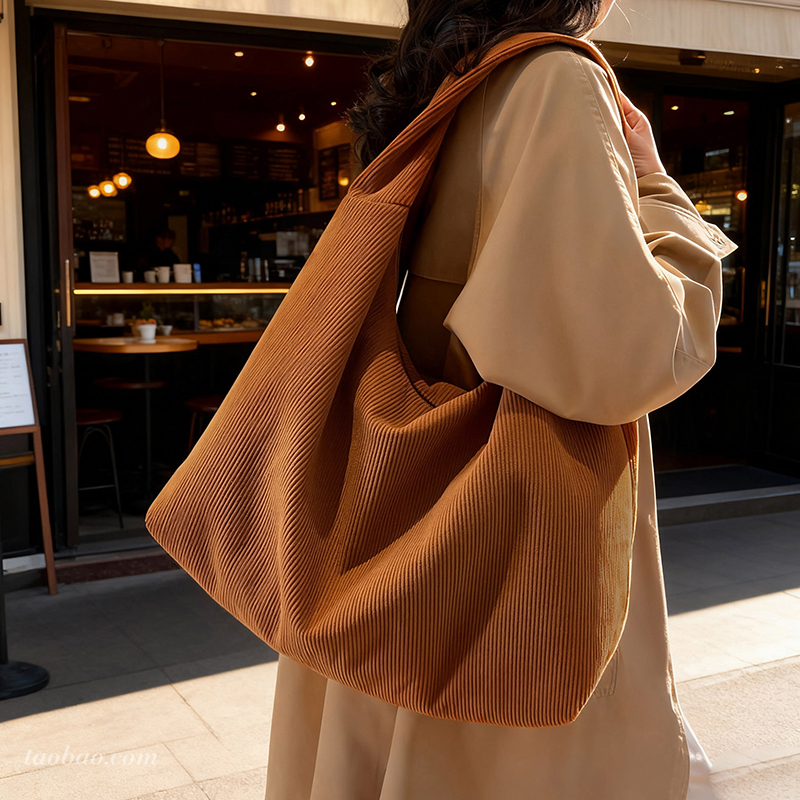 复古灯芯绒托特包大容量单肩通勤