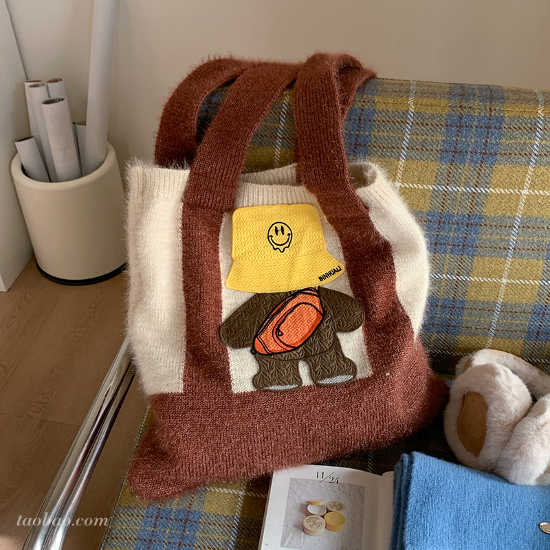 针织卡通托特包女2025冬季新款