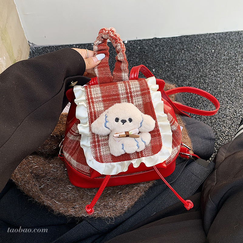 2025新款甜美蕾丝格子双肩包