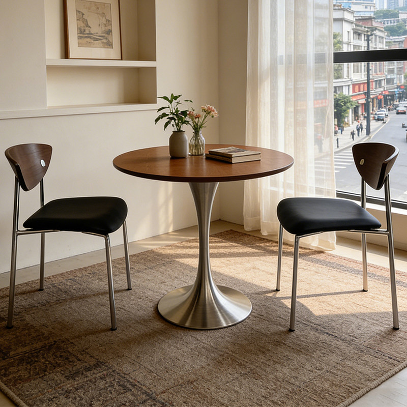 实木圆餐桌简约休闲洽谈桌椅组合咖啡厅商务会客接待小圆桌胡桃色