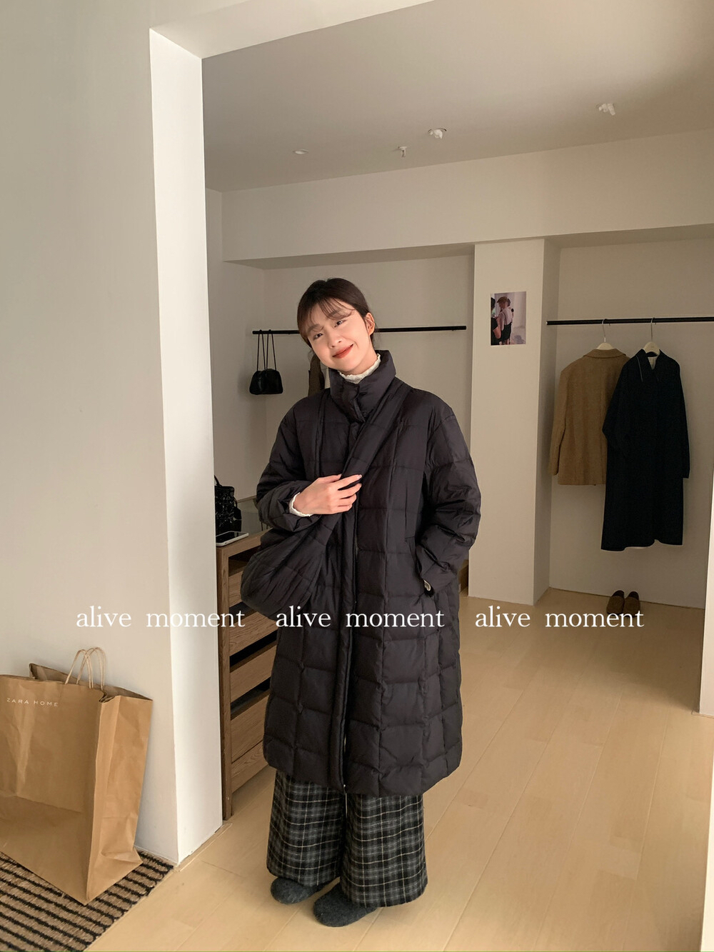 正价689alive韩系百搭立领暗门襟保暖羽绒服外套配腰包90%白鸭绒