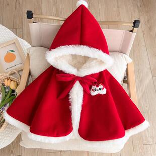 新生儿连体哈衣女宝宝加厚长袖过年服带帽两件套婴幼童加绒斗蓬