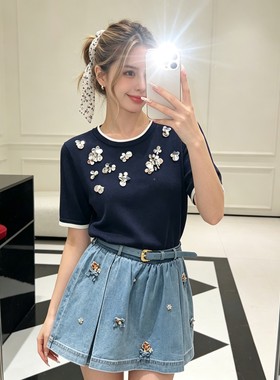 法式重工花朵钉珠亮片针织衫T恤女夏季小香修身显瘦冰丝短款上衣