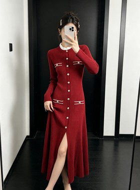 女装法式优雅气质时尚木耳边领甜美修身中长款针织连衣裙2026秋冬