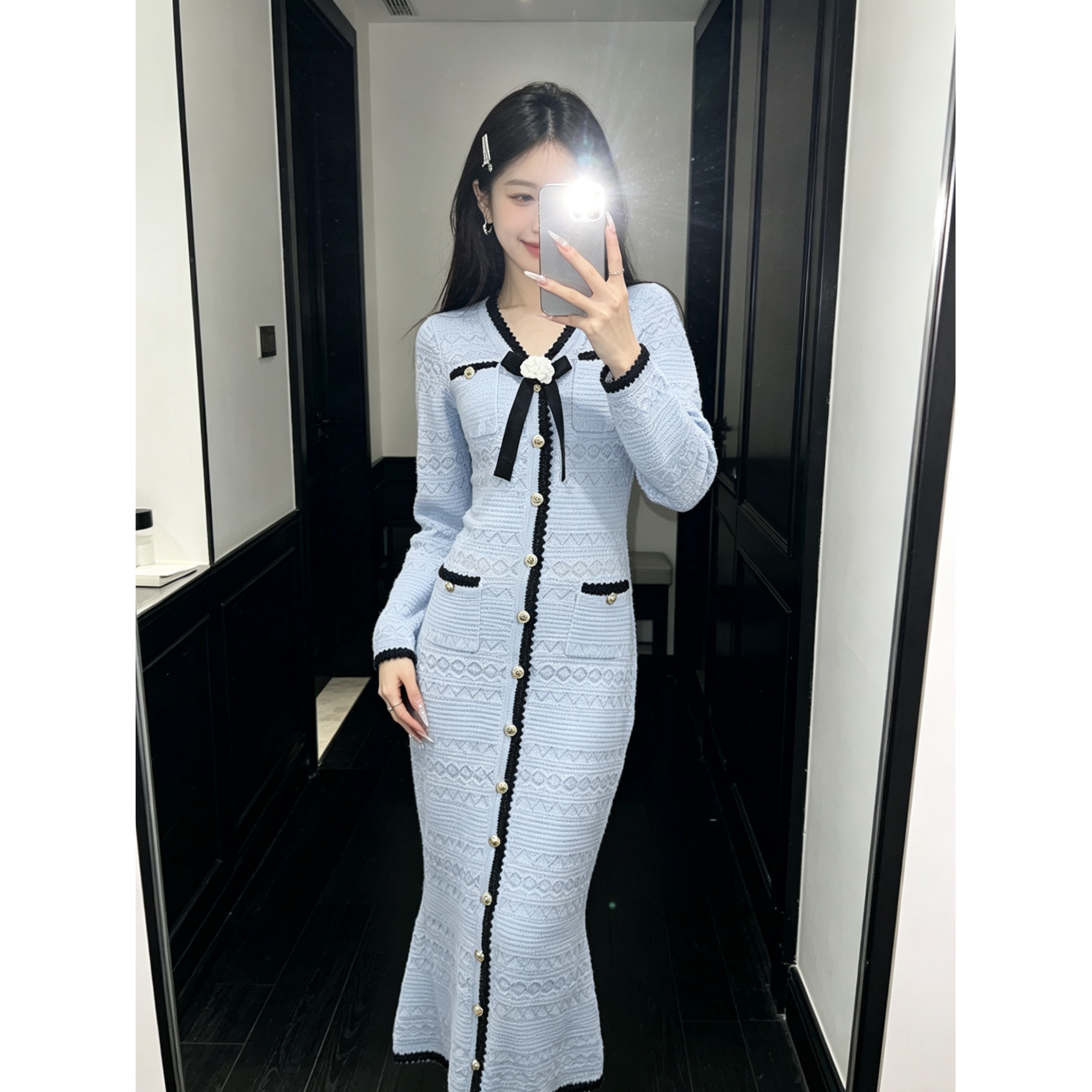 法式优雅甜美荷叶边撞色蝴蝶结针织连衣裙女早秋修身中长款鱼尾裙