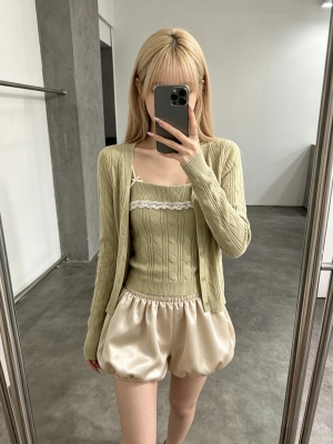 蕾丝拼接显瘦针织开衫吊带两件套装女早秋复古温柔风韩系穿搭上衣