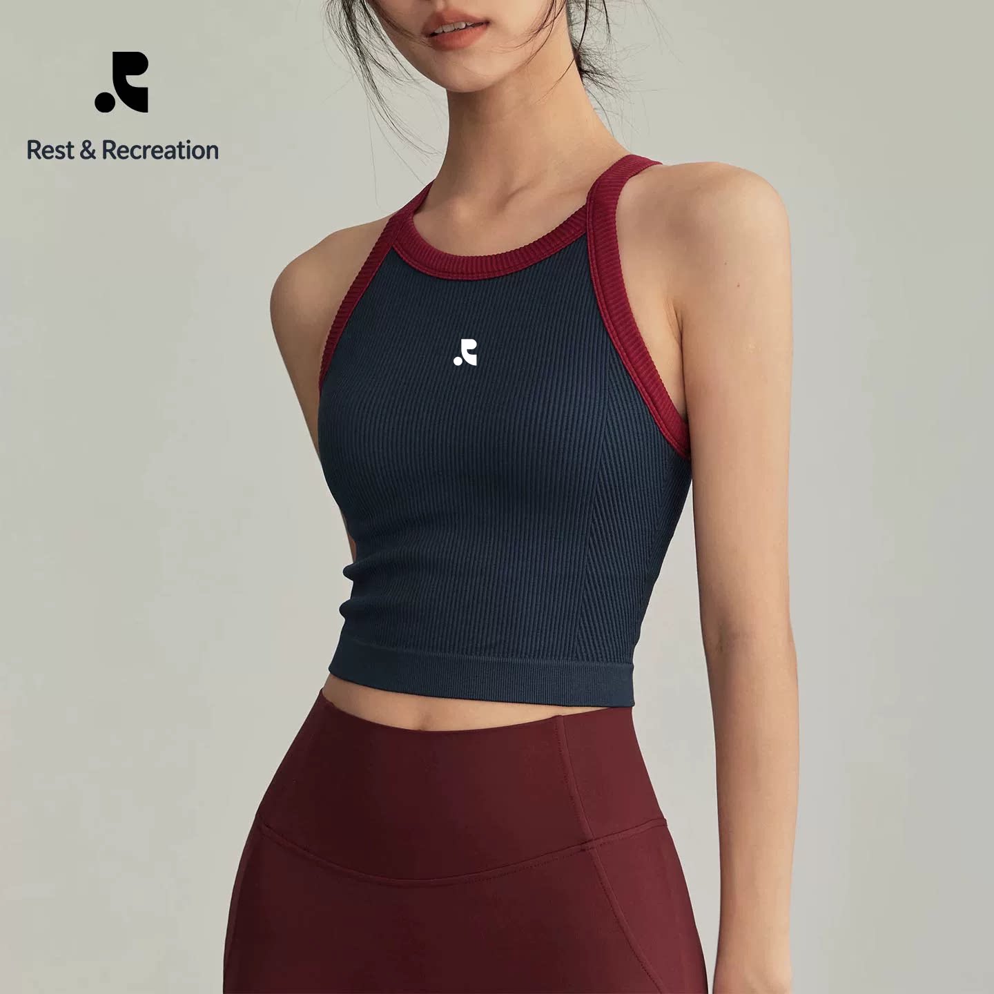 撞色一体式胸垫瑜伽背心女