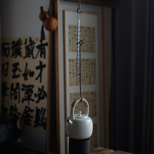 手工锻造铁制迷你煮茶吊壶自在钩悬挂铁壶围炉茶道零配