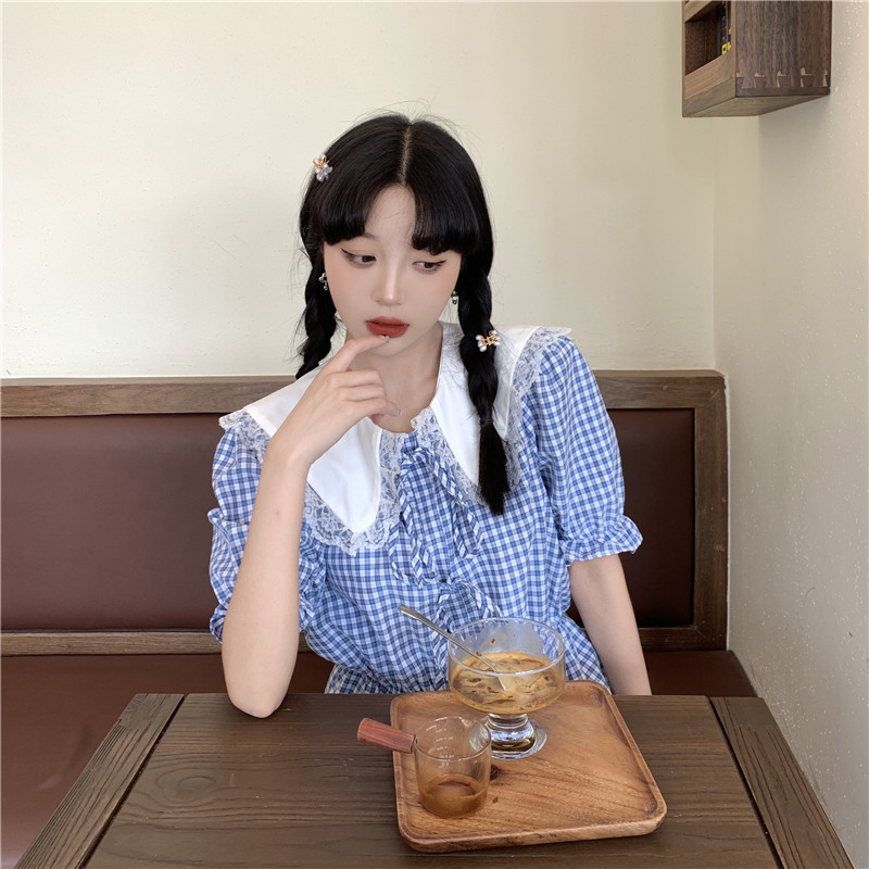 个性抽绳收腰衬衫女撞色蕾丝边翻领格子衬衣 p70