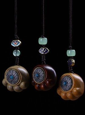 小叶紫檀绿檀香木雕刻可爱猫咪萌猫爪转盘创意链饰品包链吊坠