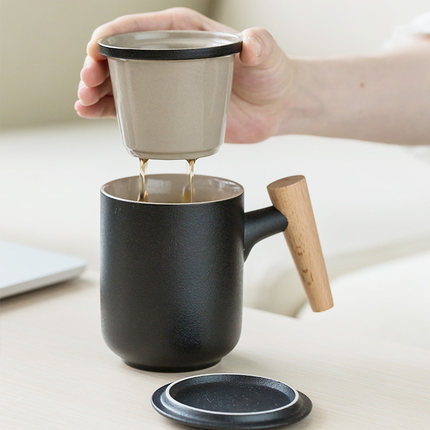 定制LOGO茶水分离陶瓷马克杯带过滤泡茶杯复古木柄办公室带盖水杯